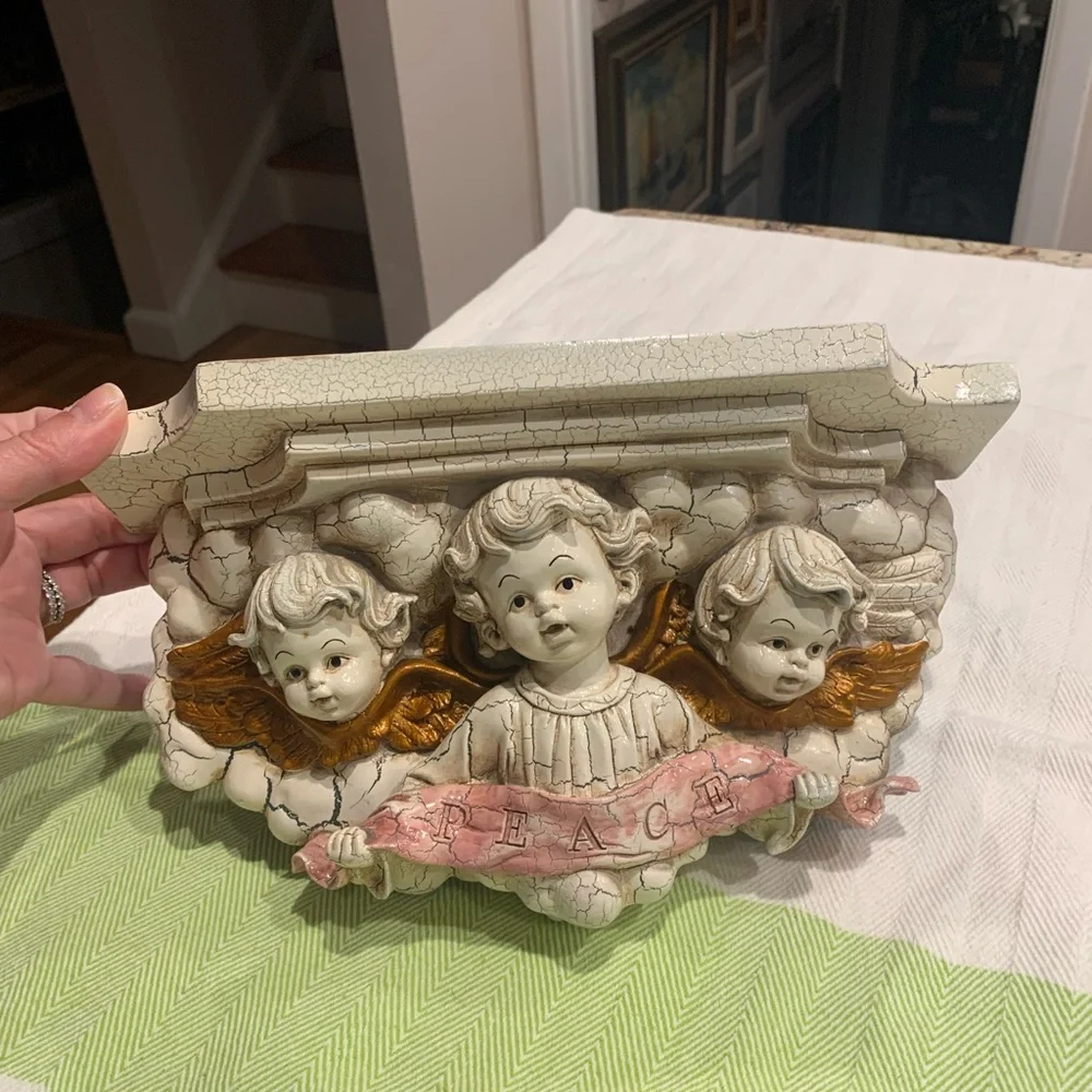 Vintage Shabby pink, Off white and gold cherubs and wall shelf